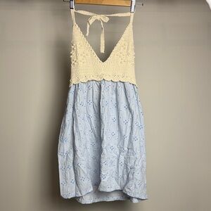 Zara Cream Crochet Halter with Light Blue Eyelet Skirt Size M